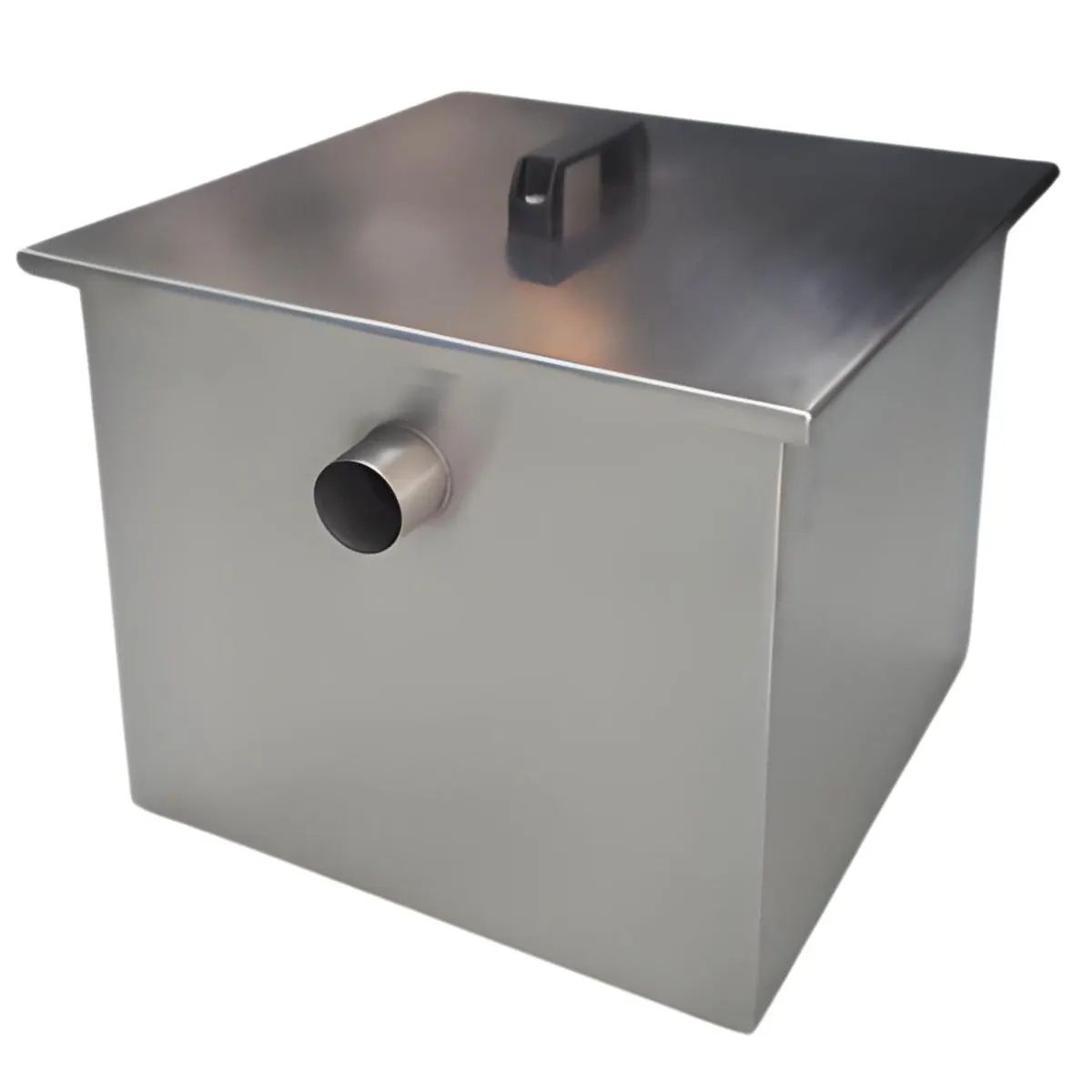 Caixa de gordura em aço inox com tampa, alça e saída lateral