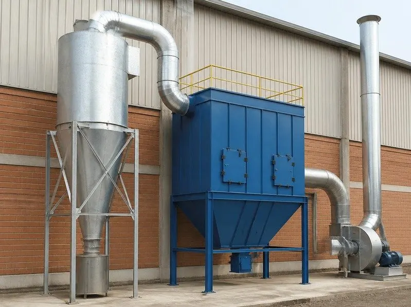 Imagem ilustrativa de um sistema de coleta de pó industrial com ciclone, filtro de mangas, ventilador centrífugo e chaminé
