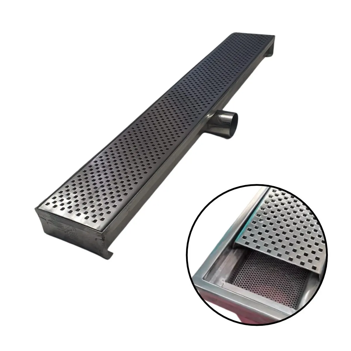 Grelha de piso inox com saída lateral e detalhe da grelha perfurada sobre a camada filtrante